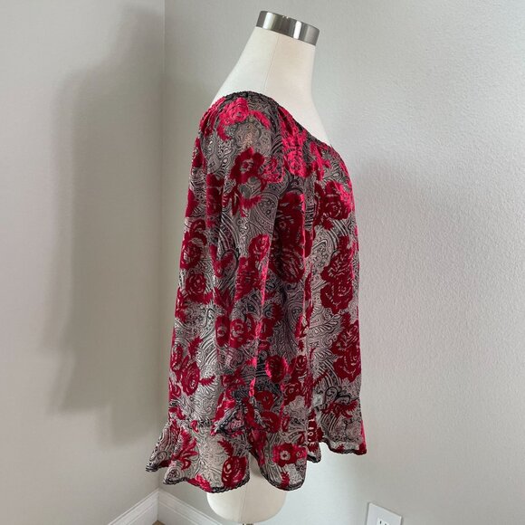 Democracy Womens Plus 1X Off The Shoulder Sheer Crushed Velvet Floral Top Shirt - Picture 7 of 14